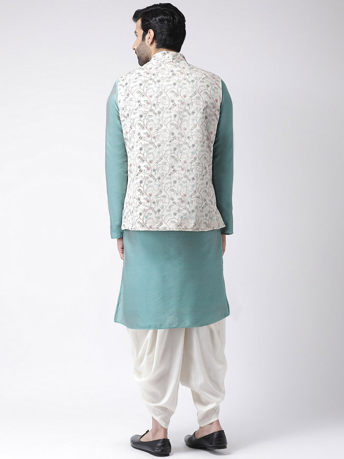Aqua Blue Silk Blend Kurta Jacket Dhoti Set