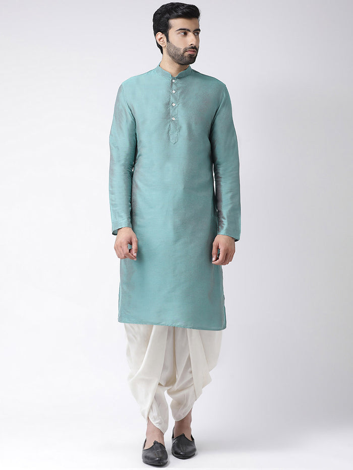 Aqua Blue Silk Blend Kurta Jacket Dhoti Set