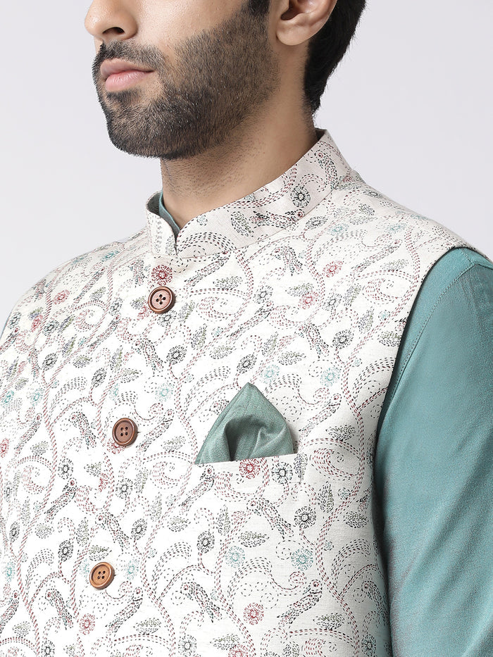 Aqua Blue Silk Blend Kurta Jacket Dhoti Set