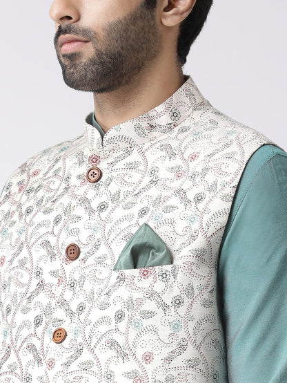 Aqua Blue Silk Blend Kurta Jacket Dhoti Set