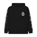 Stay Sick Clothings black hoodie features a white anchor logo on the left chest, stylized white script down both sleeves, a front pocket, and hood drawstrings.