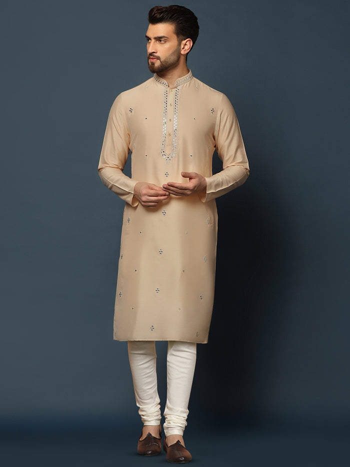 Beige Cotton Blend Mirror Work Kurta Churidar