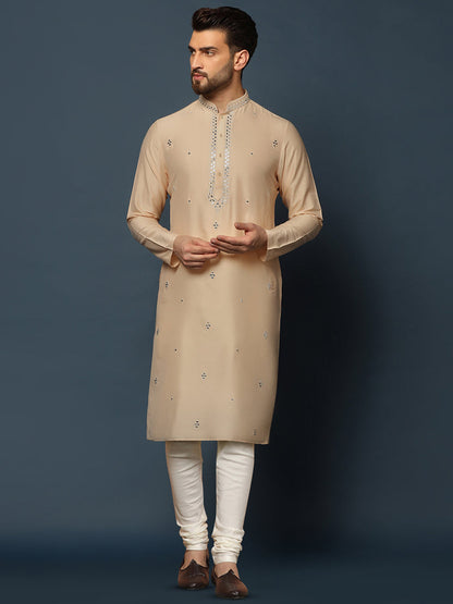 Beige Cotton Blend Mirror Work Kurta Churidar