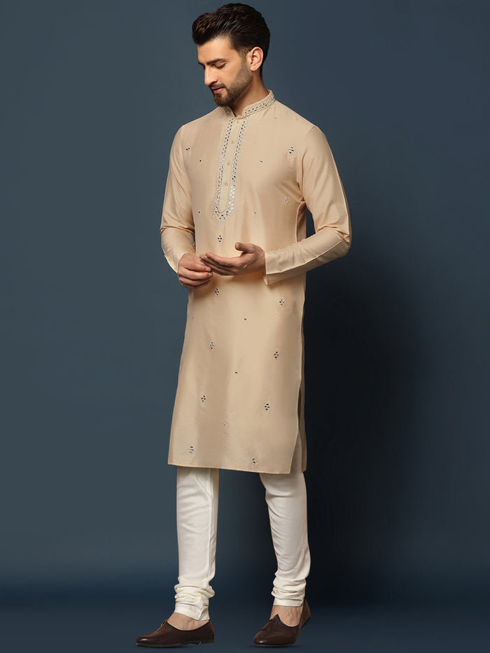 Beige Cotton Blend Mirror Work Kurta Churidar