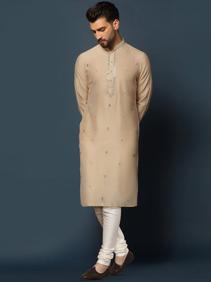 Beige Cotton Blend Mirror Work Kurta Churidar
