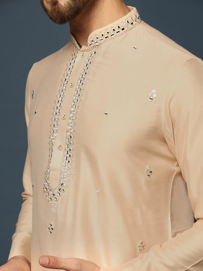 Beige Cotton Blend Mirror Work Kurta Churidar
