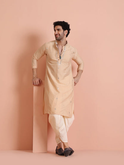 Beige Cotton Blend Mirror Work Kurta Dhoti