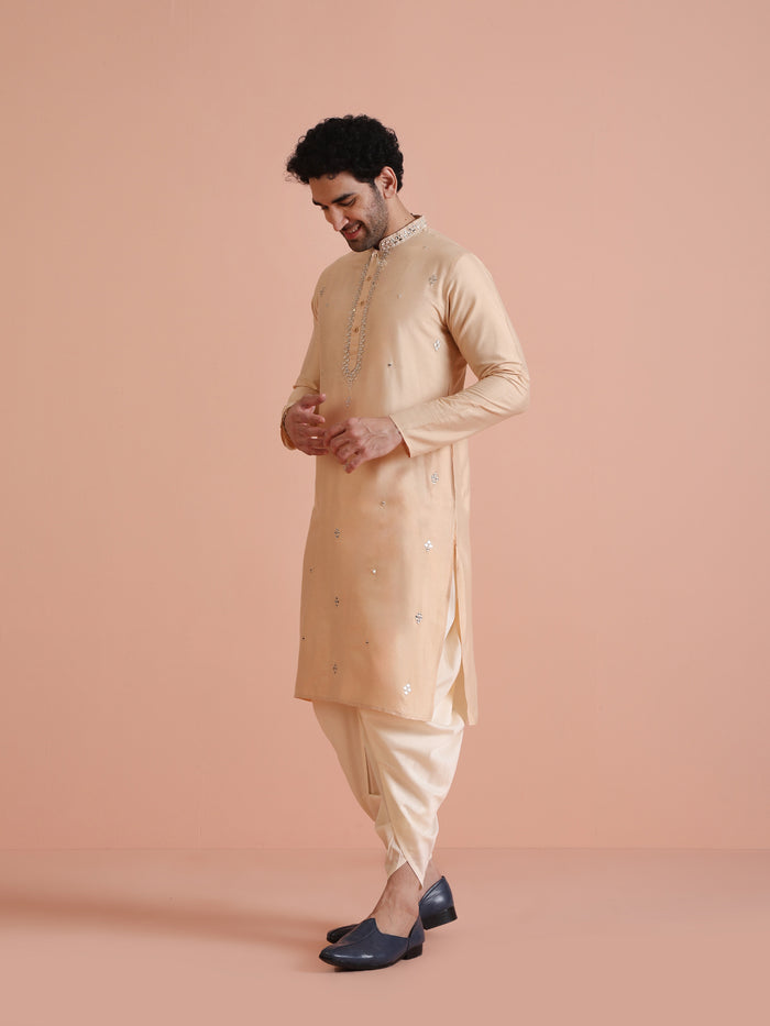 Beige Cotton Blend Mirror Work Kurta Dhoti