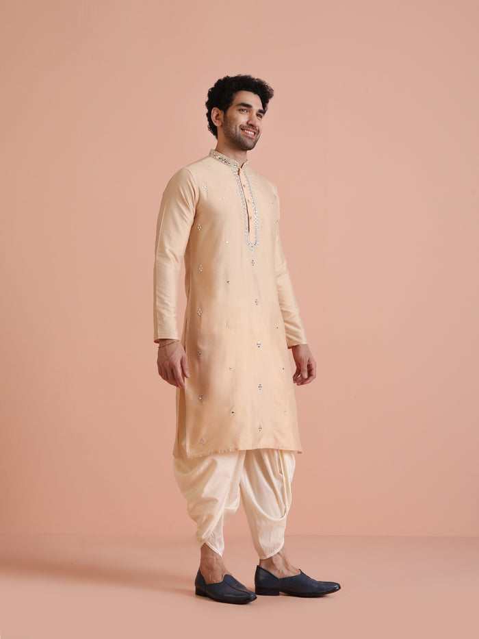 Beige Cotton Blend Mirror Work Kurta Dhoti