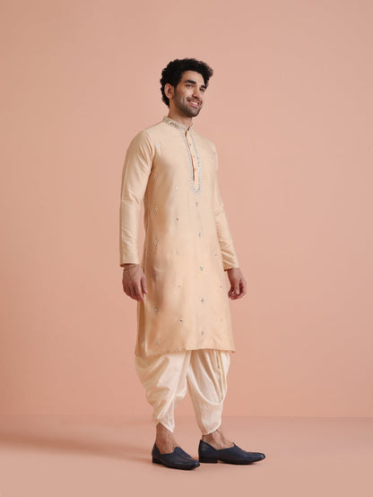 Beige Cotton Blend Mirror Work Kurta Dhoti