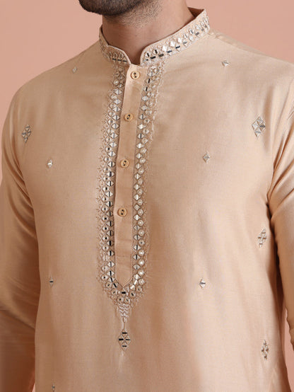 Beige Cotton Blend Mirror Work Kurta Dhoti