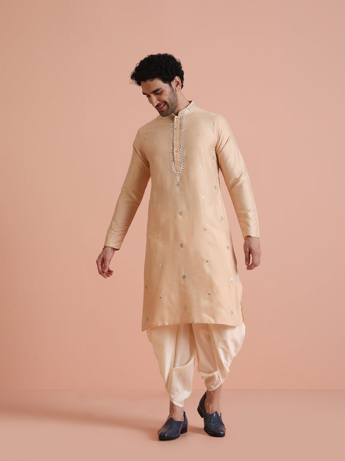 Beige Cotton Blend Mirror Work Kurta Dhoti