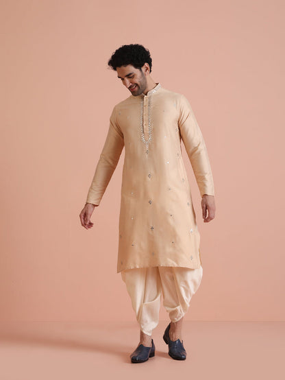 Beige Cotton Blend Mirror Work Kurta Dhoti