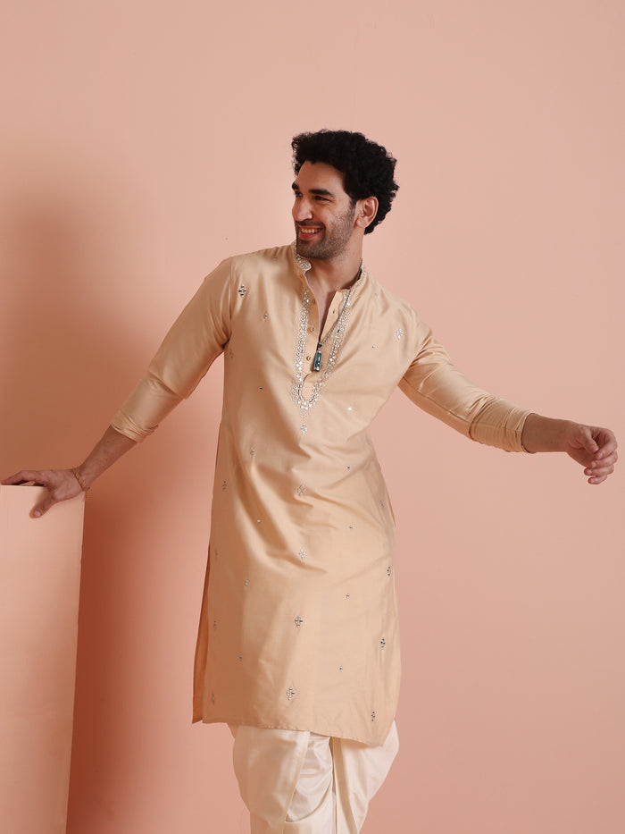Beige Cotton Blend Mirror Work Kurta Dhoti
