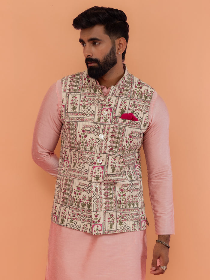 Beige Cotton Floral Printed Nehru Jacket