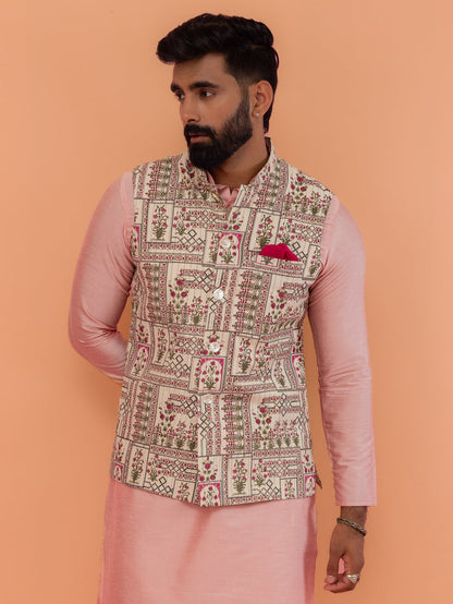 Beige Cotton Floral Printed Nehru Jacket