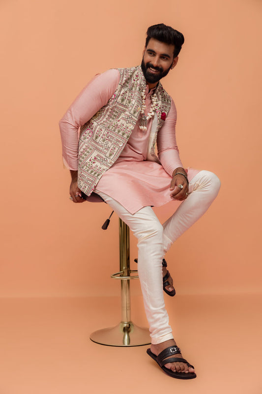 Beige Cotton Floral Printed Nehru Jacket