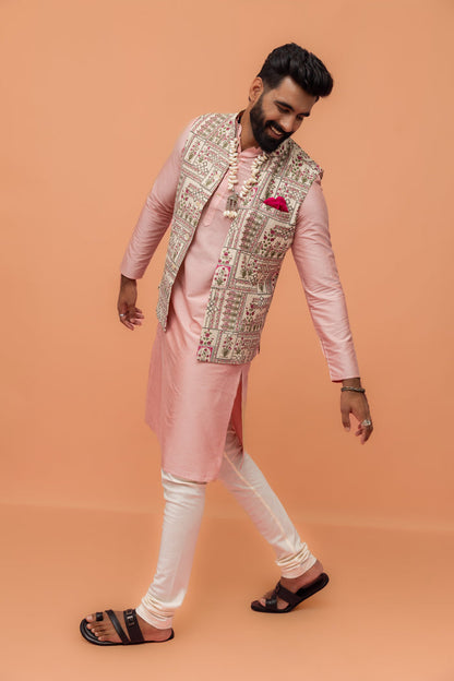 Beige Cotton Floral Printed Nehru Jacket