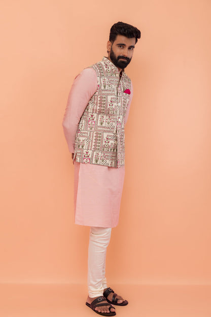Beige Cotton Floral Printed Nehru Jacket