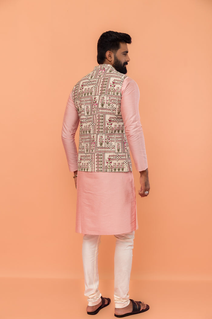 Beige Cotton Floral Printed Nehru Jacket