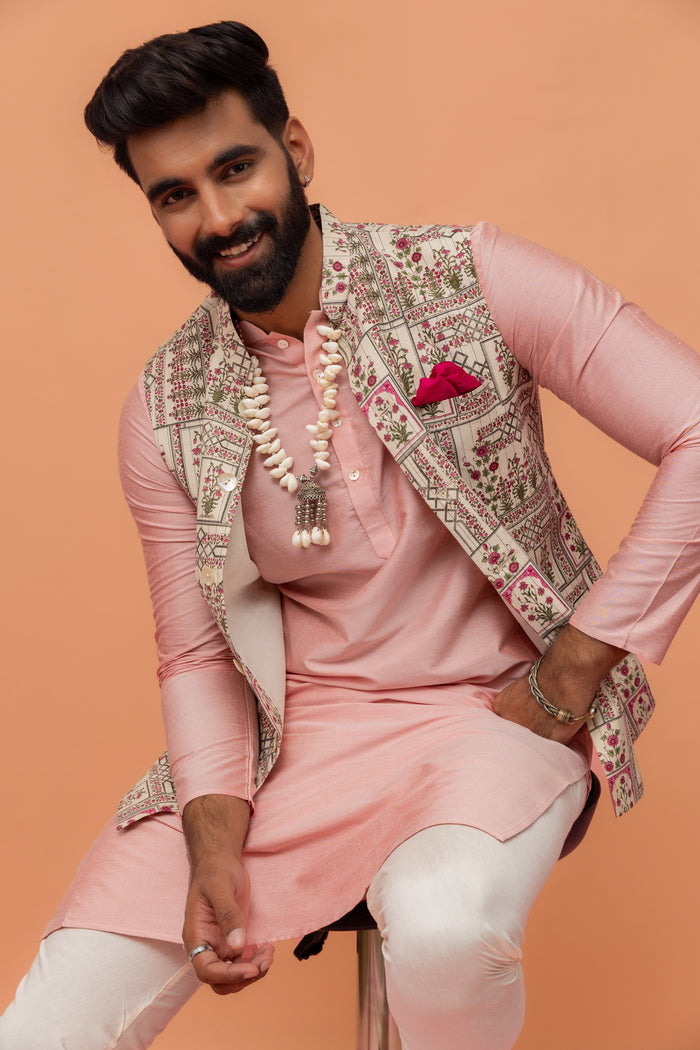 Beige Cotton Floral Printed Nehru Jacket