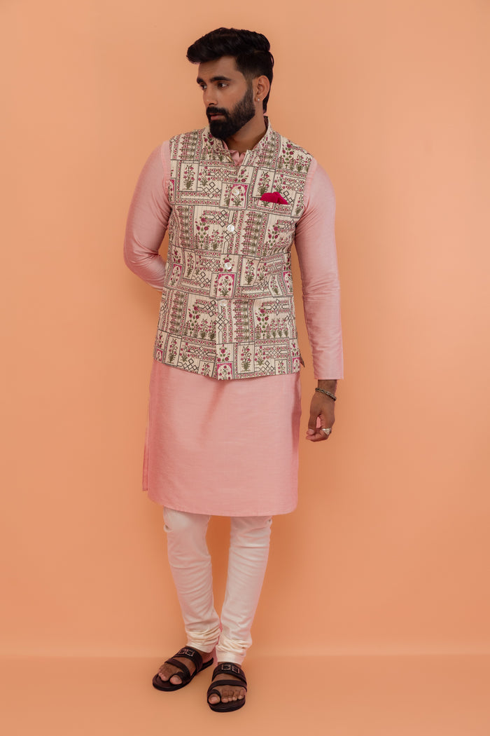 Beige Cotton Floral Printed Nehru Jacket
