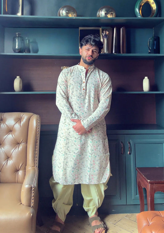 Beige Cotton Kurta Set with Multicolor Kantha-Inspired Prints and Green Dhoti Pants