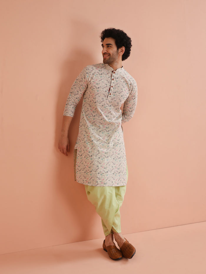 Beige Cotton Kurta Set with Multicolor Kantha-Inspired Prints and Green Dhoti Pants
