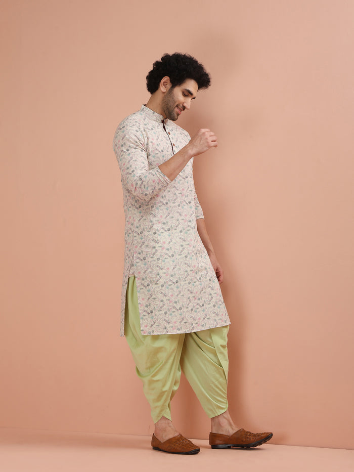 Beige Cotton Kurta Set with Multicolor Kantha-Inspired Prints and Green Dhoti Pants