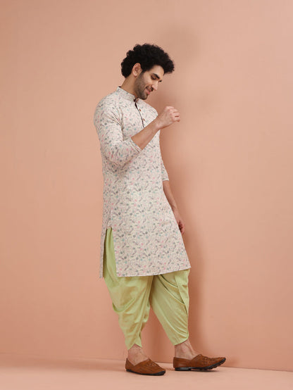 Beige Cotton Kurta Set with Multicolor Kantha-Inspired Prints and Green Dhoti Pants