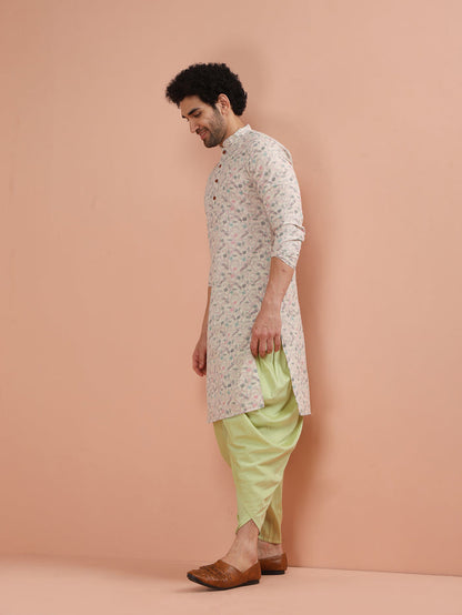 Beige Cotton Kurta Set with Multicolor Kantha-Inspired Prints and Green Dhoti Pants