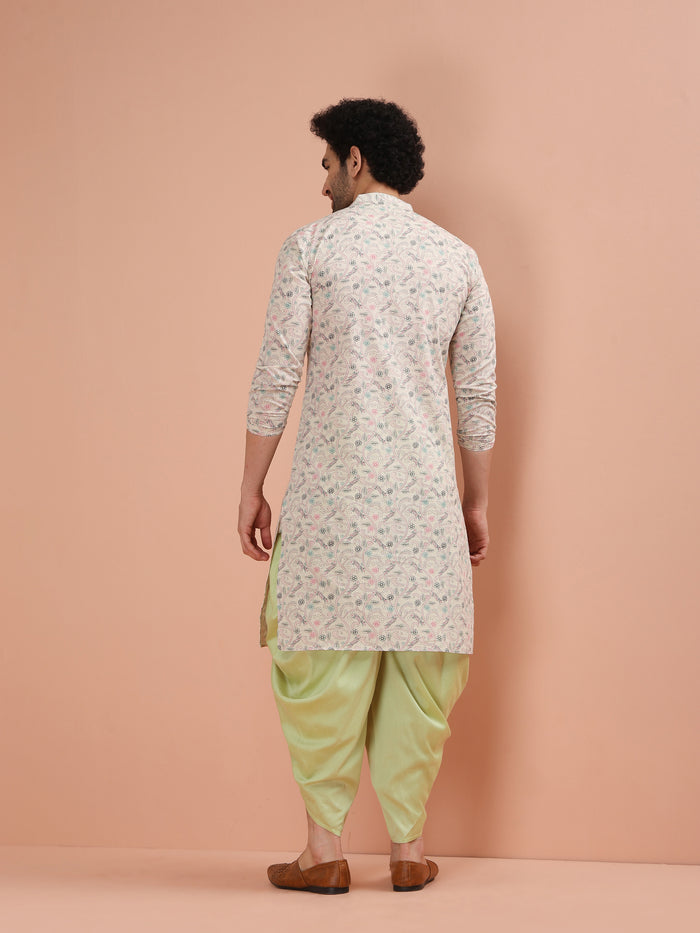 Beige Cotton Kurta Set with Multicolor Kantha-Inspired Prints and Green Dhoti Pants