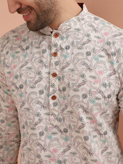 Beige Cotton Kurta Set with Multicolor Kantha-Inspired Prints and Green Dhoti Pants
