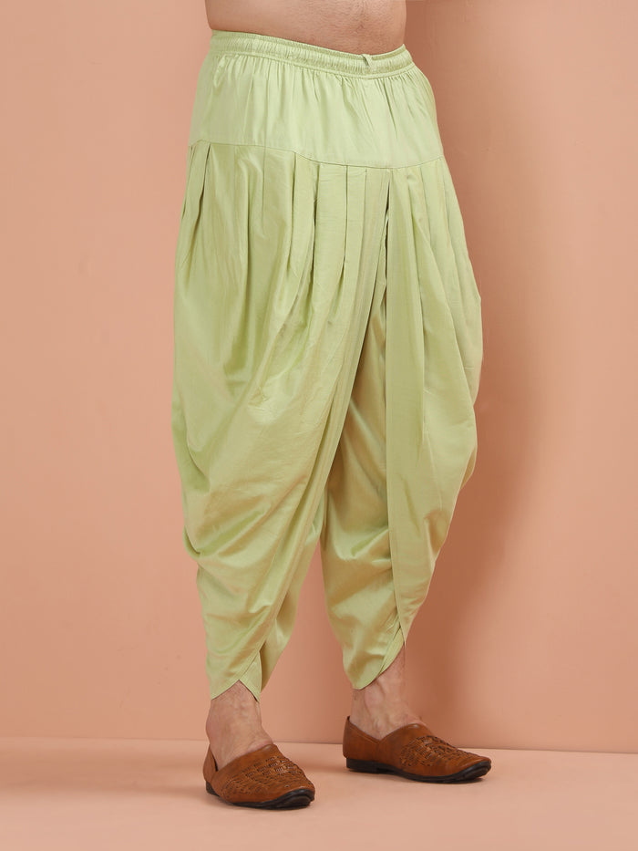 Beige Cotton Kurta Set with Multicolor Kantha-Inspired Prints and Green Dhoti Pants