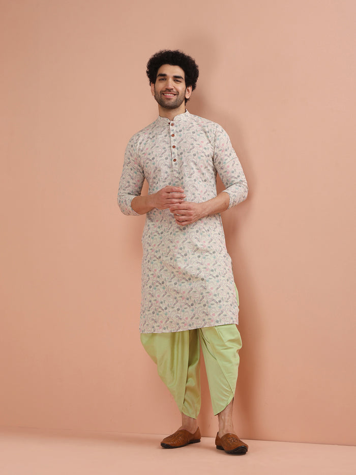 Beige Cotton Kurta Set with Multicolor Kantha-Inspired Prints and Green Dhoti Pants