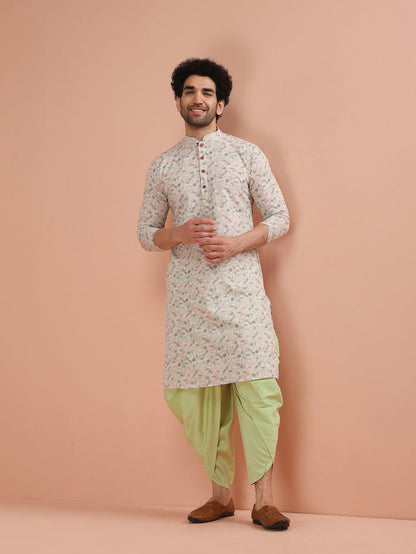 Beige Cotton Kurta Set with Multicolor Kantha-Inspired Prints and Green Dhoti Pants