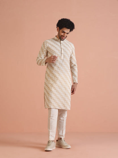 Beige Cotton Silk Geometric Kurta Long
