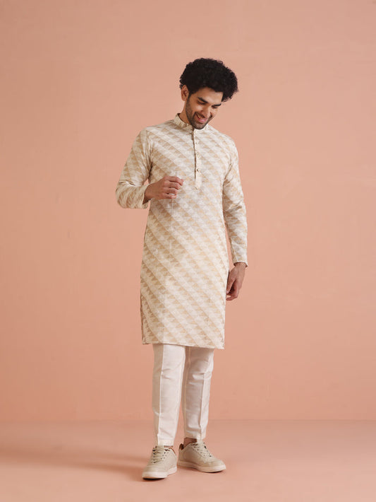 Beige Cotton Silk Geometric Kurta Long