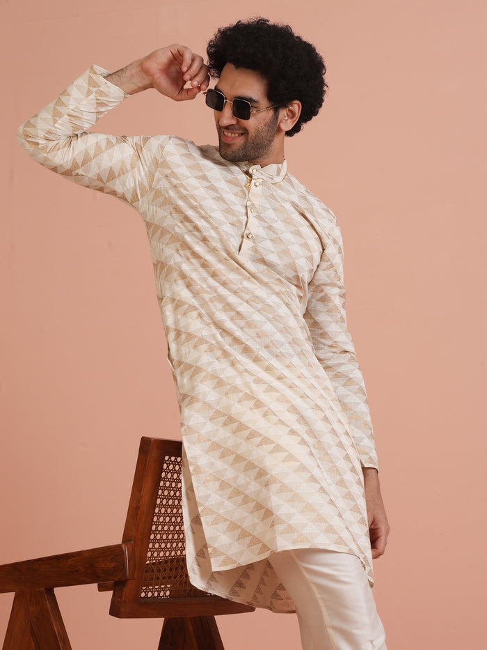 Beige Cotton Silk Geometric Kurta Long