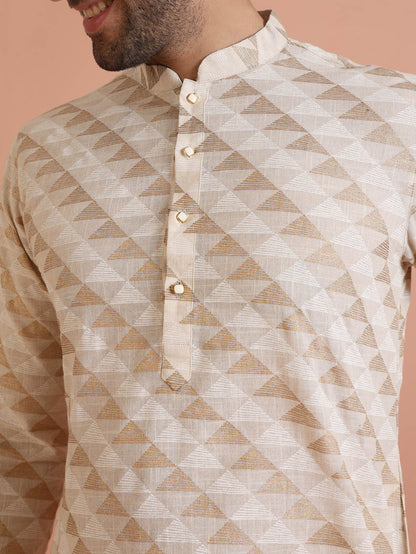 Beige Cotton Silk Geometric Kurta Long