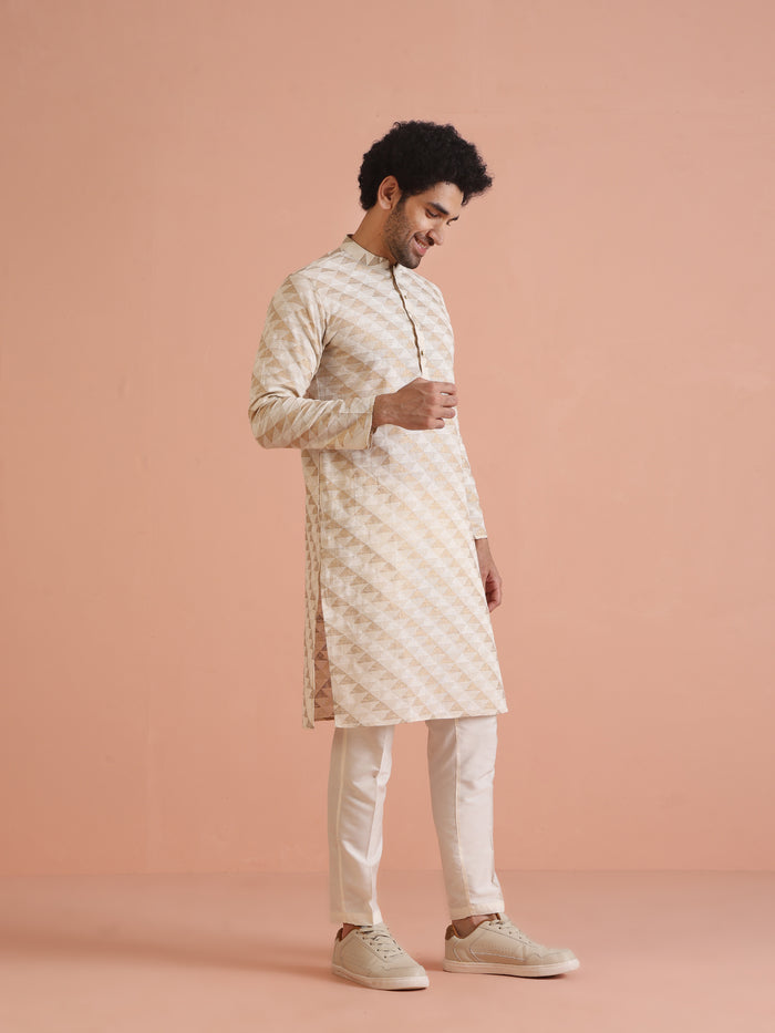 Beige Cotton Silk Geometric Kurta Long