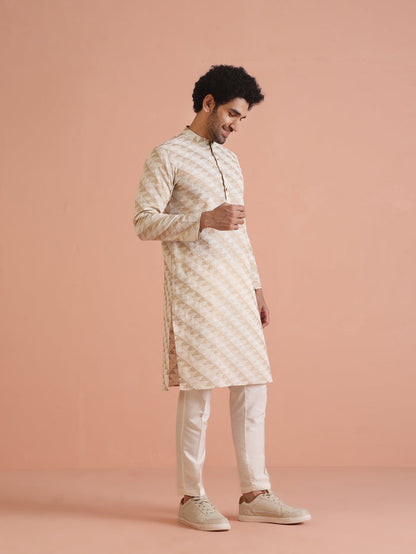 Beige Cotton Silk Geometric Kurta Long
