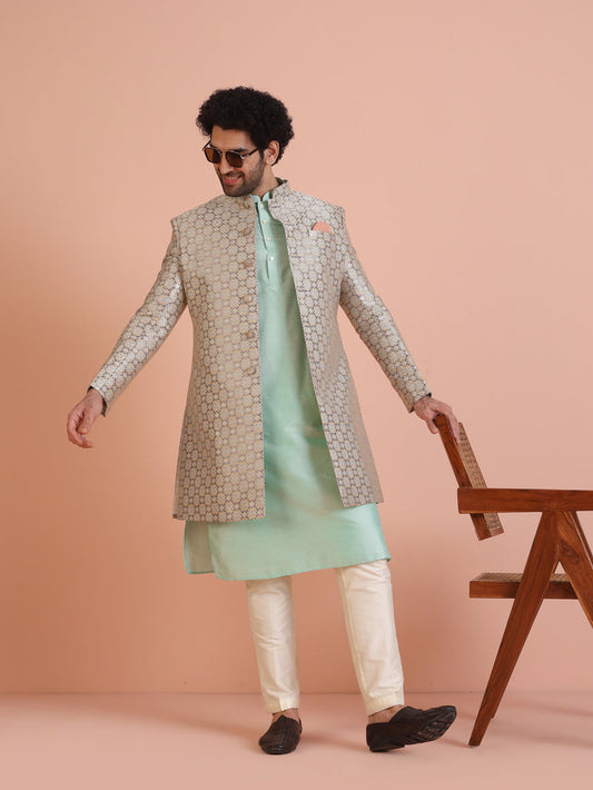 Beige Cotton Silk Printed Sherwani Kurta Trouser Set