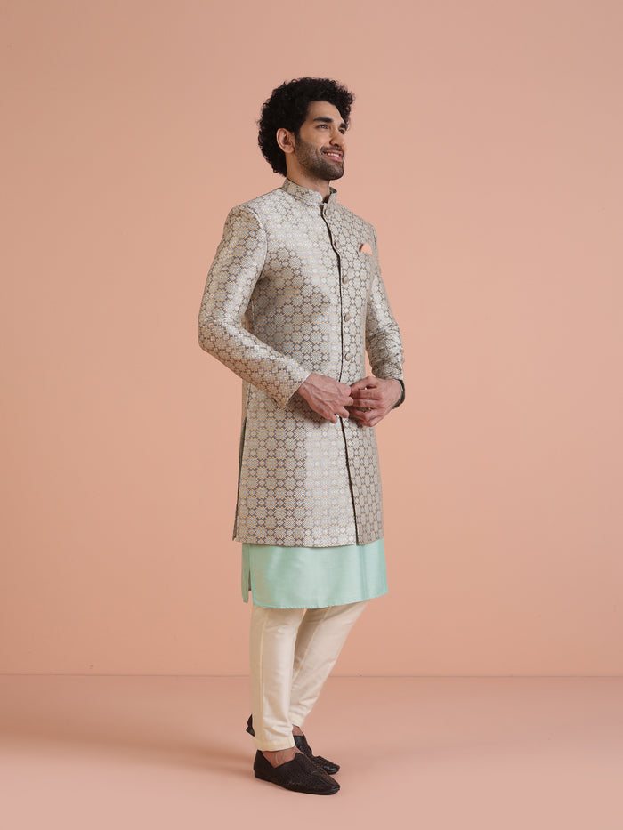 Beige Cotton Silk Printed Sherwani Kurta Trouser Set