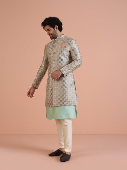 Beige Cotton Silk Printed Sherwani Kurta Trouser Set