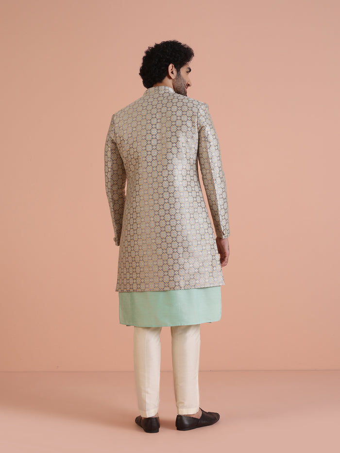 Beige Cotton Silk Printed Sherwani Kurta Trouser Set
