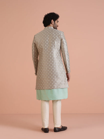 Beige Cotton Silk Printed Sherwani Kurta Trouser Set