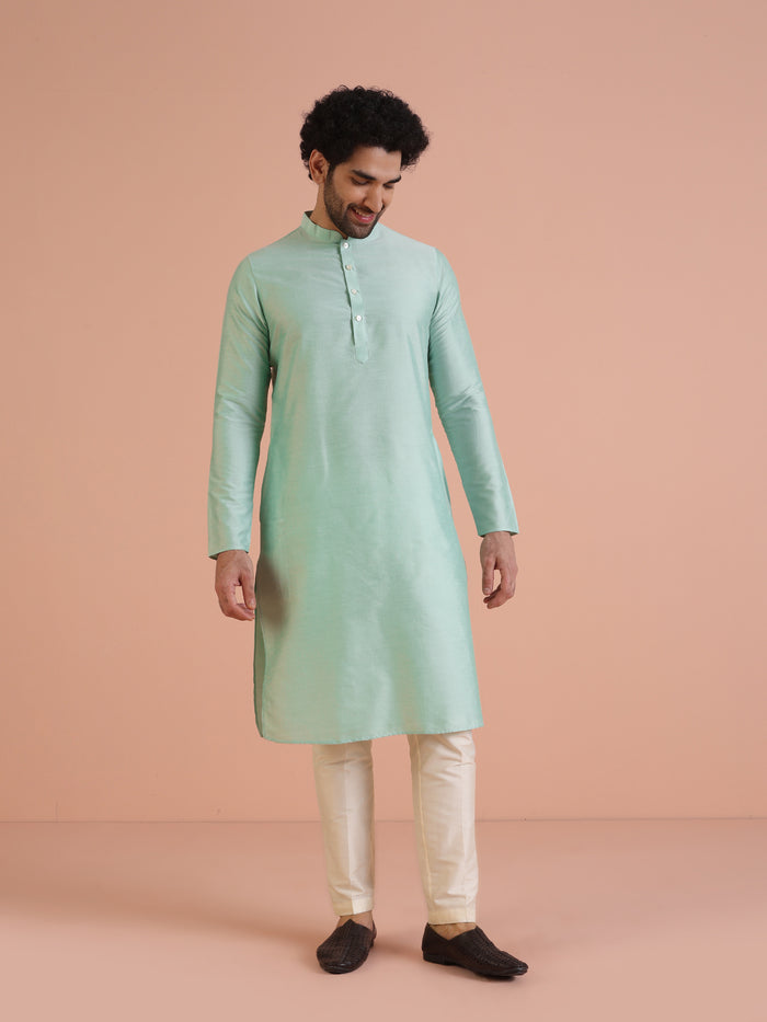 Beige Cotton Silk Printed Sherwani Kurta Trouser Set