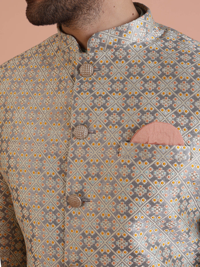 Beige Cotton Silk Printed Sherwani Kurta Trouser Set