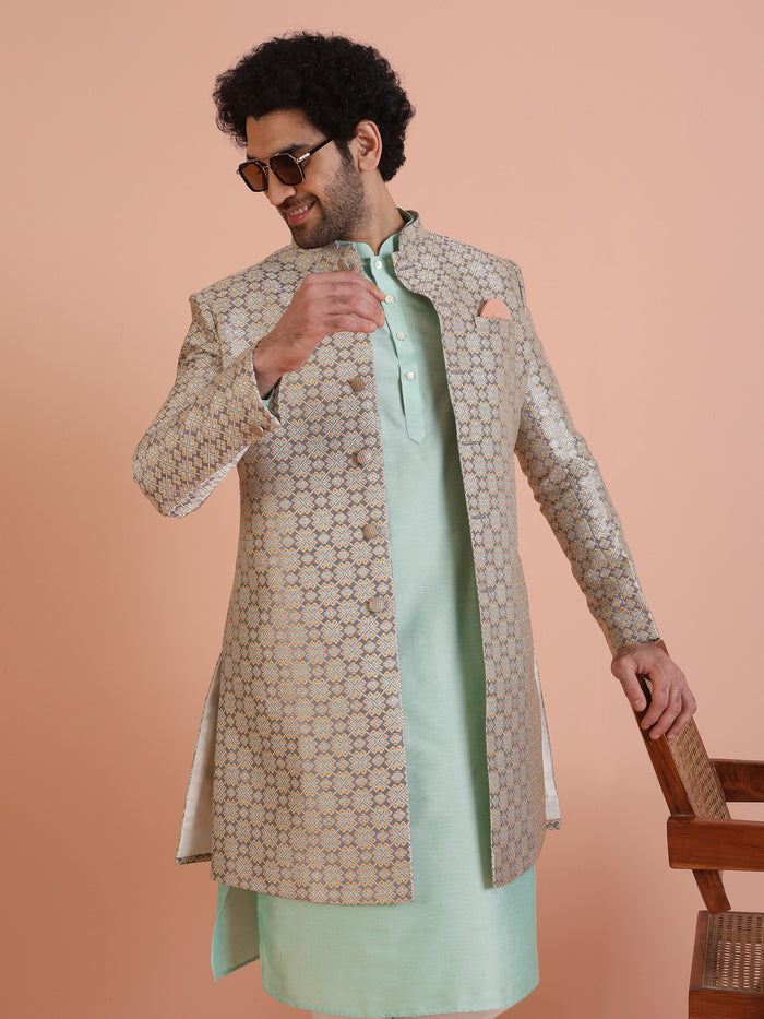 Beige Cotton Silk Printed Sherwani Kurta Trouser Set